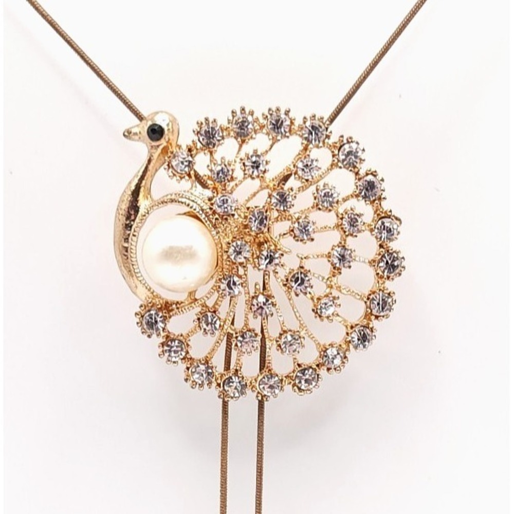 Gold Tone Peacock Slider Necklace Women's Rhinestone Faux Pearl Adjustable 18‑24